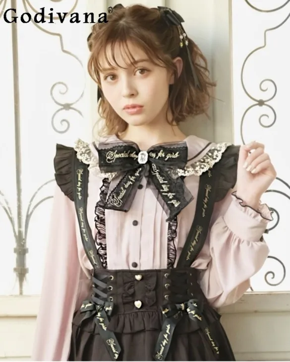 

Mine Style Sweet Y2K Lolita Pink Shirts Spring Summer New Loose Slimming Elegant Blouses Bow Lace Stitching Blouses for Women