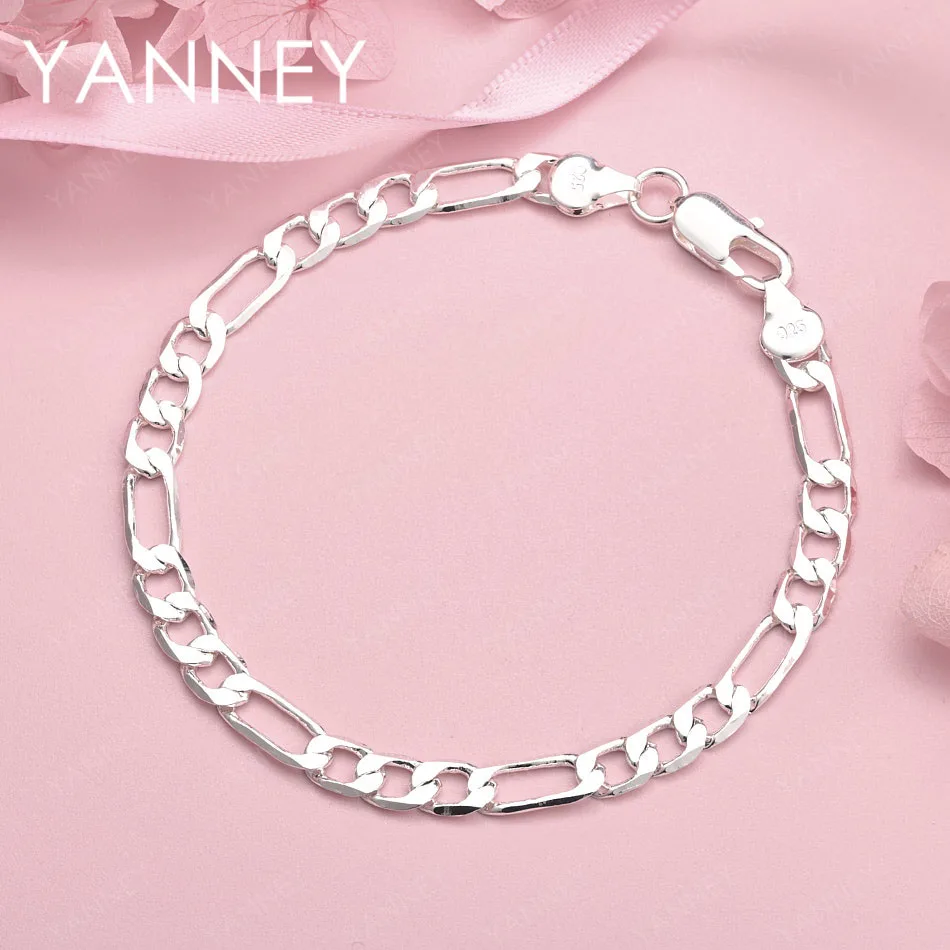 

Браслет-цепочка из стерлингового серебра 925 пробы, 8 дюймов, классический дизайн Фигаро, для мужчин и женщин, модный аксессуар для вечеринок