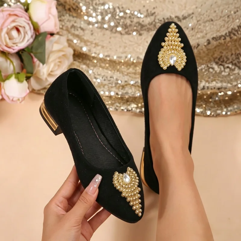Elegant Black Suede Gold Pearl Heeled Pumps for Women - Pointed Toe Low Block Heel Bridal Wedding Party Shoes