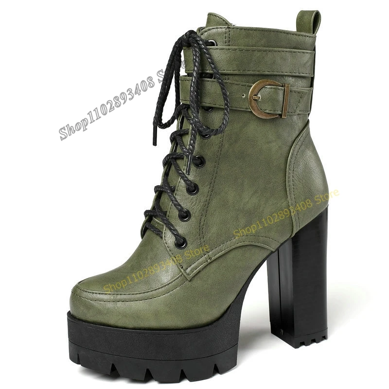 

Green Cross Tied Buckle Ankle Boots Platform Round Toe Side Zipper Chunky Heel Women Shoes 2023 Fashion Sexy Zapatos Para Mujere