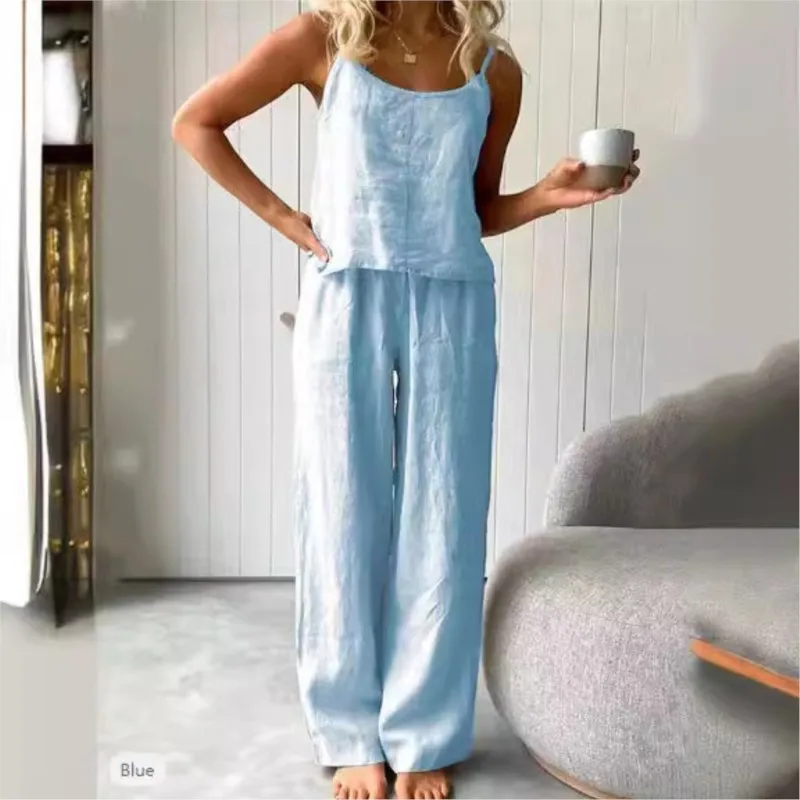 Dames Kleine Geurige Stijl Linnen Jarretel Knop Top Broek Tweedelige Set Zomer Eenvoudig Casual Vest Wijde pijpen Broekpakken