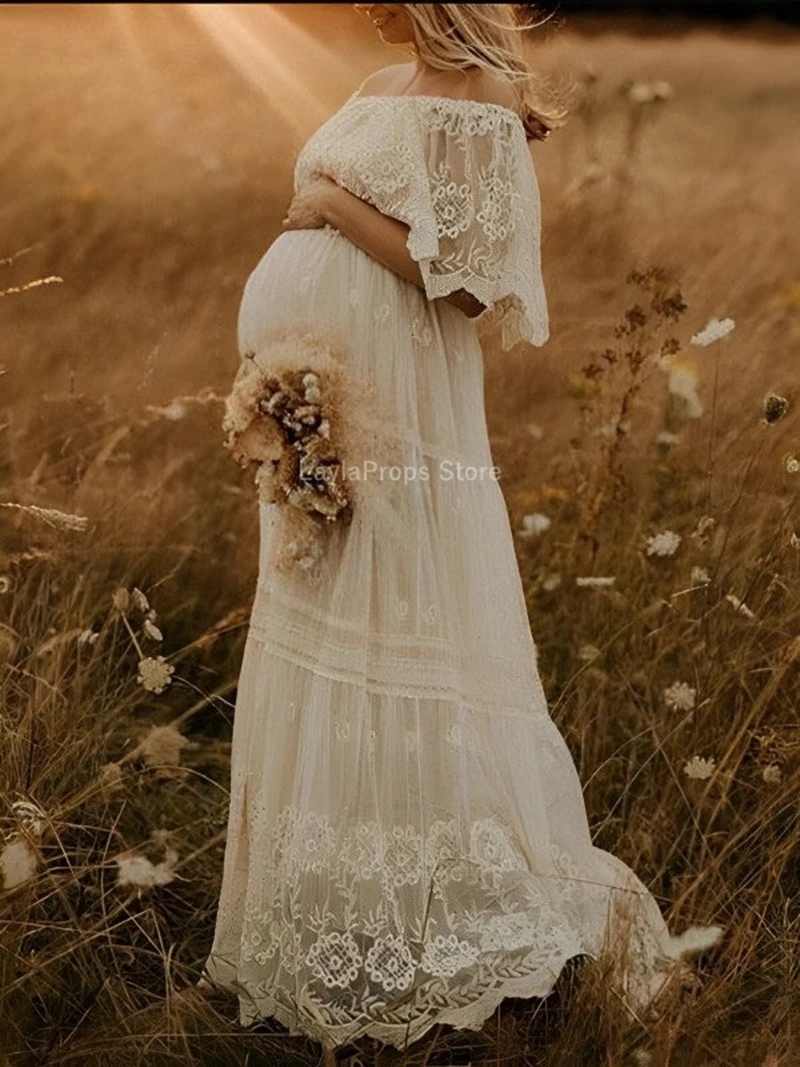 Vestido maternidade de renda fora do ombro cintura alta, elegante vestido photoshoot para fotografia e vestuário cotidiano