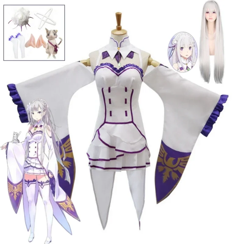 EE01 إعادة صفر كارا هاجيميرو isekai Seikai Emilia تأثيري حلي المرأة أغطية الرأس فستان حفلة الهالوين أنيمي مجموعة كاملة clothiIo0!