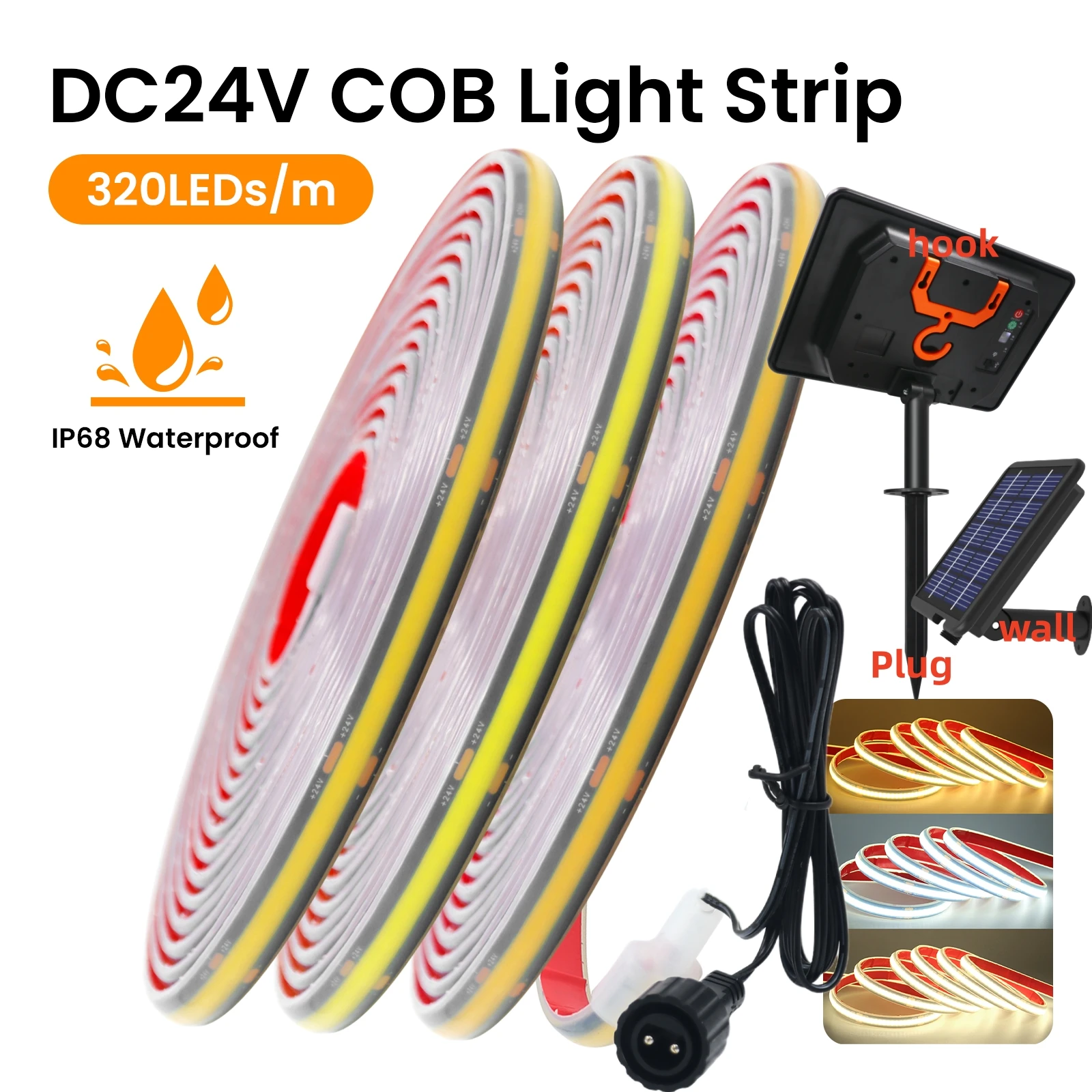 

Outdoor IP68 Waterproof Solar COB LED Strip Light 24V Black PCB High Density 320LEDs/m RA90 Flexible LED Tape 3000K 4000K 6000K
