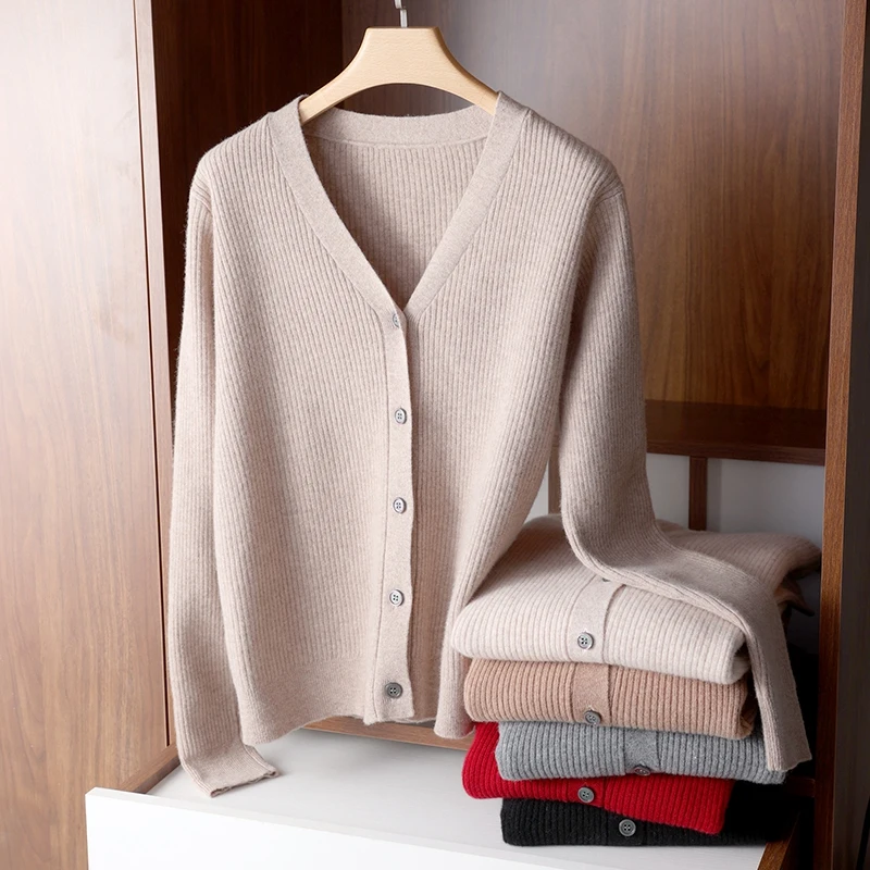 Hot Sale Autumn Winter New Female Wool Blend Sweater Woman V-neck Cardigan Fashion Casual Knitted Tops Solid Color Sweater