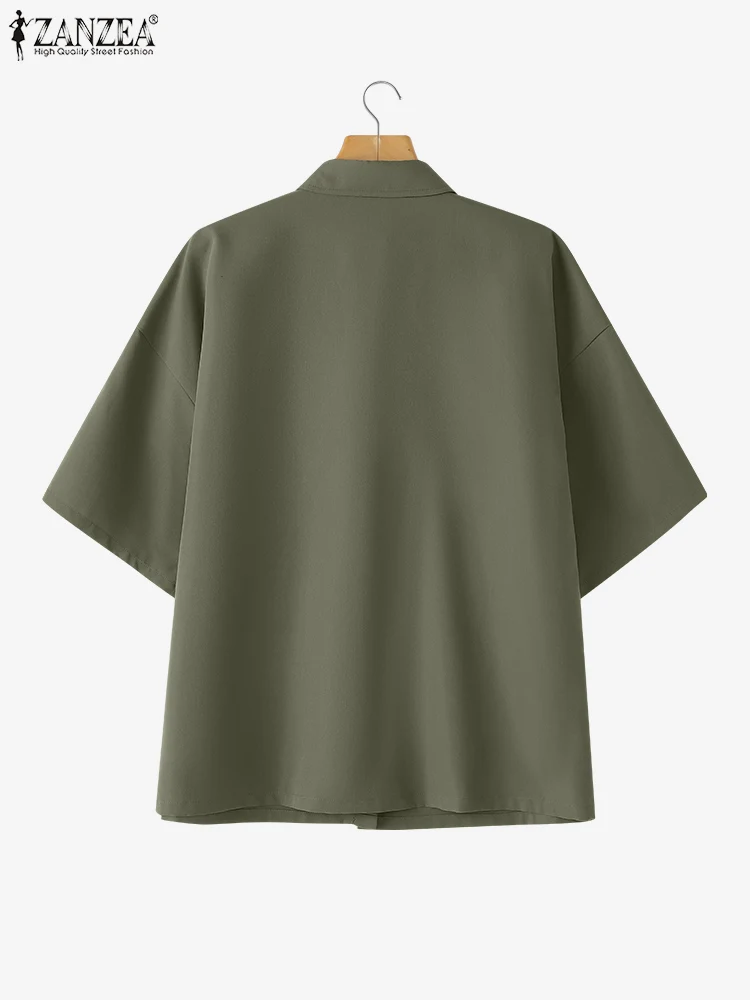 ZANZEA Casual Colletto rovesciato Camicie Donna Tunica Streetwear Tasca Cover Abbigliamento da lavoro Top 2025 Moda Mezza manica Allentato Blusas