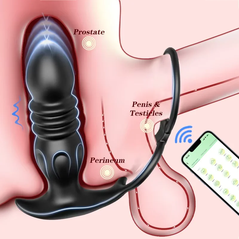 ذكر Thrusting جهاز تدليك للبروستاتا APP التحكم هزاز قفل حلقة للرجال مثلي الجنس المكونات الشرج تلسكوبي بعقب المكونات لعبة الجنس للكبار