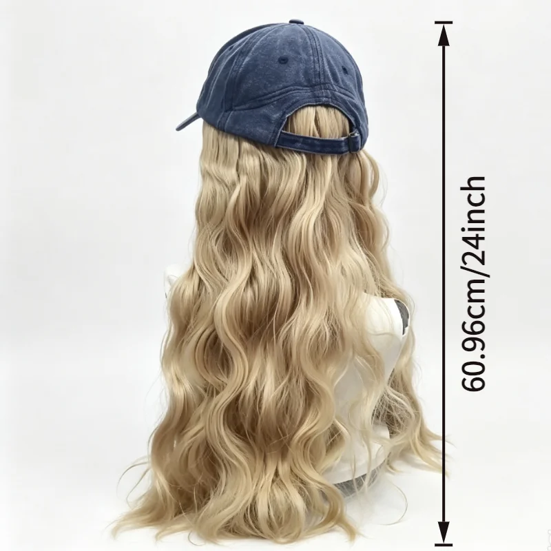Anxin Brand Synthetic Fiber Wig: Denim Baseball Cap + Long Golden Curly Hair with Big Waves, Women's Daily Fashion Casual Style, European and American Style, Carnival, Halloween, Music Festival Hat Synthetic Wig view 6