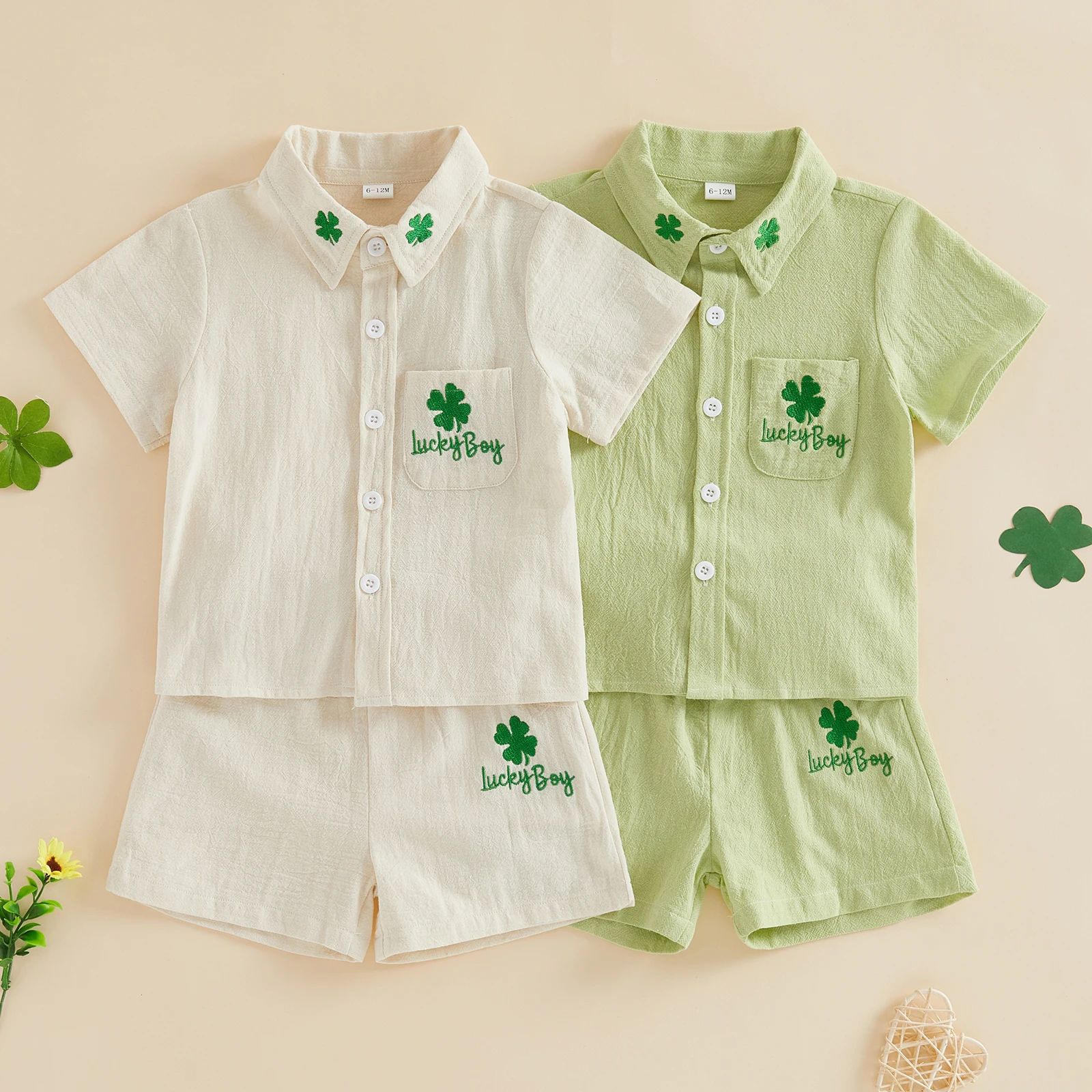 FOCUSNORM 0-4Y Toddler Kids Boys Clothes Sets Shamrock Letters Embroidery Short Sleeve Shirt with Shorts Holiday Summer Outfit