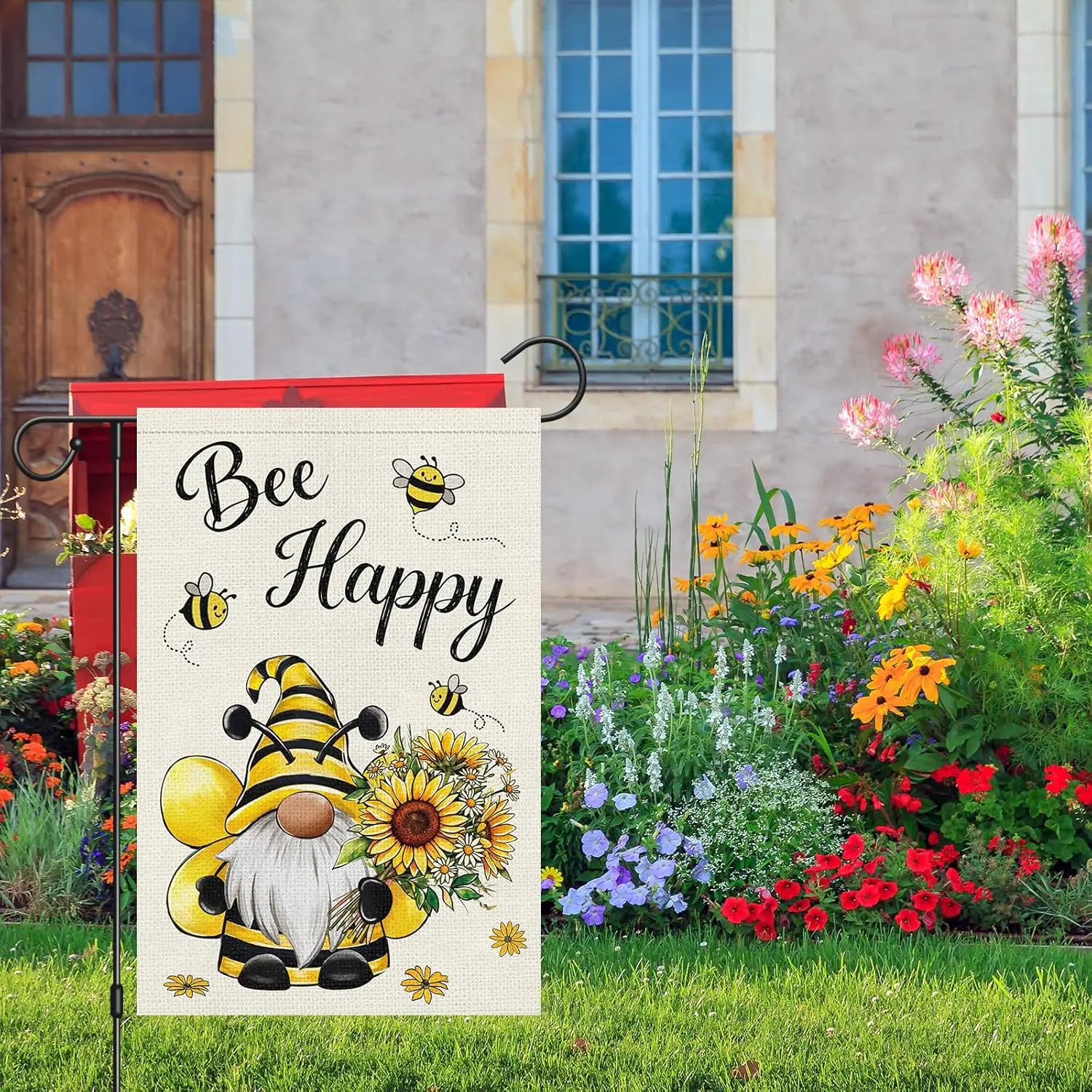 Heyfibro Bee Happy Gnome Garden Flag 12x18 Double Sided Burlap, Spring Summer Bumblebee Costume Gnome with Sunflowers Yard B PPM