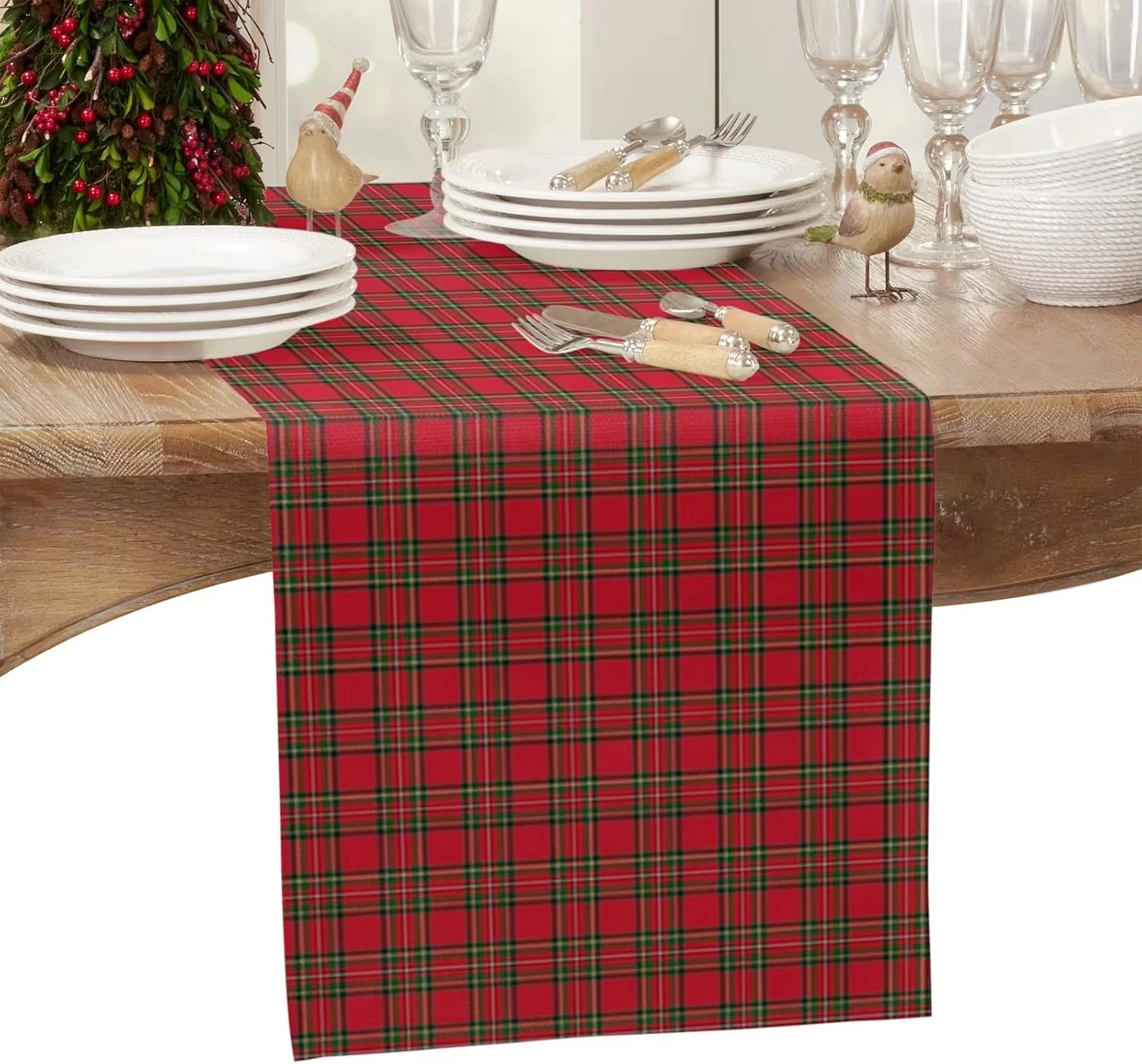 Christmas red and green checkered linen table runner party decoration winter Christmas kitchen table runner Christmas decoration
