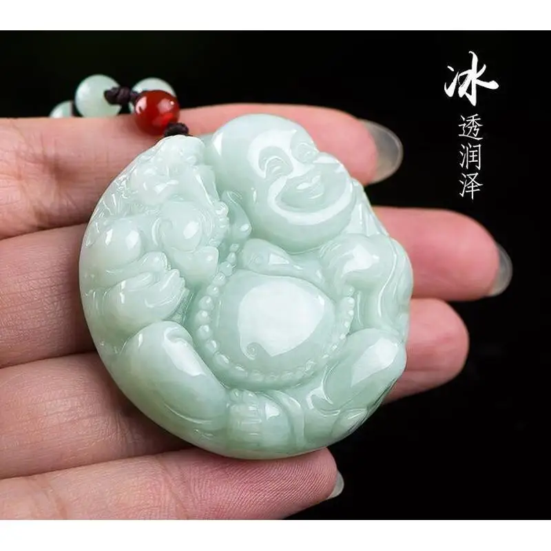 Natural Burmese A-grade Laughing Big Belly Maitreya Pendant Jade Buddha Sweater Chain Necklace