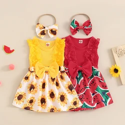 Baby Girls Rompers Dress Sunflower/Watermelon Print Bowknot Sleeveless Skirt Hem Bodysuits Summer Clothes with Headband