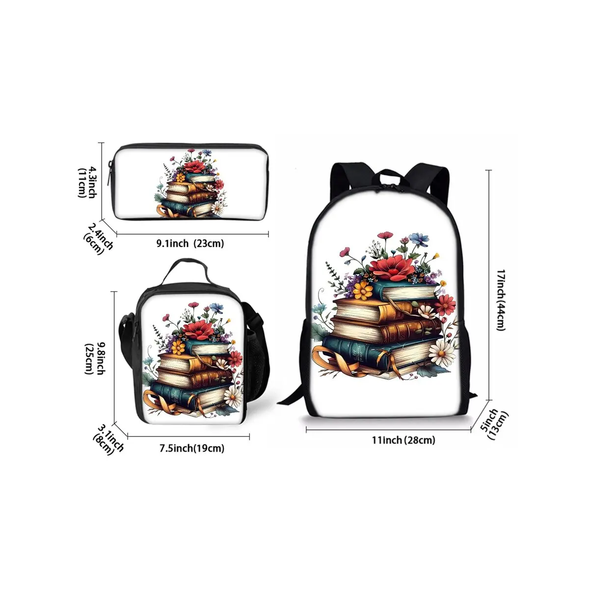 Book Print Three Piece Backpacks Set for Boy and Girls Best Gifts 2D Flat Cartoon School Bag for Children