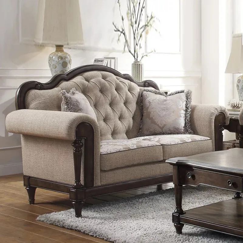 American retro solid wood sofa villa living room fabric jacquard three-person combination sofa French large flat sofa