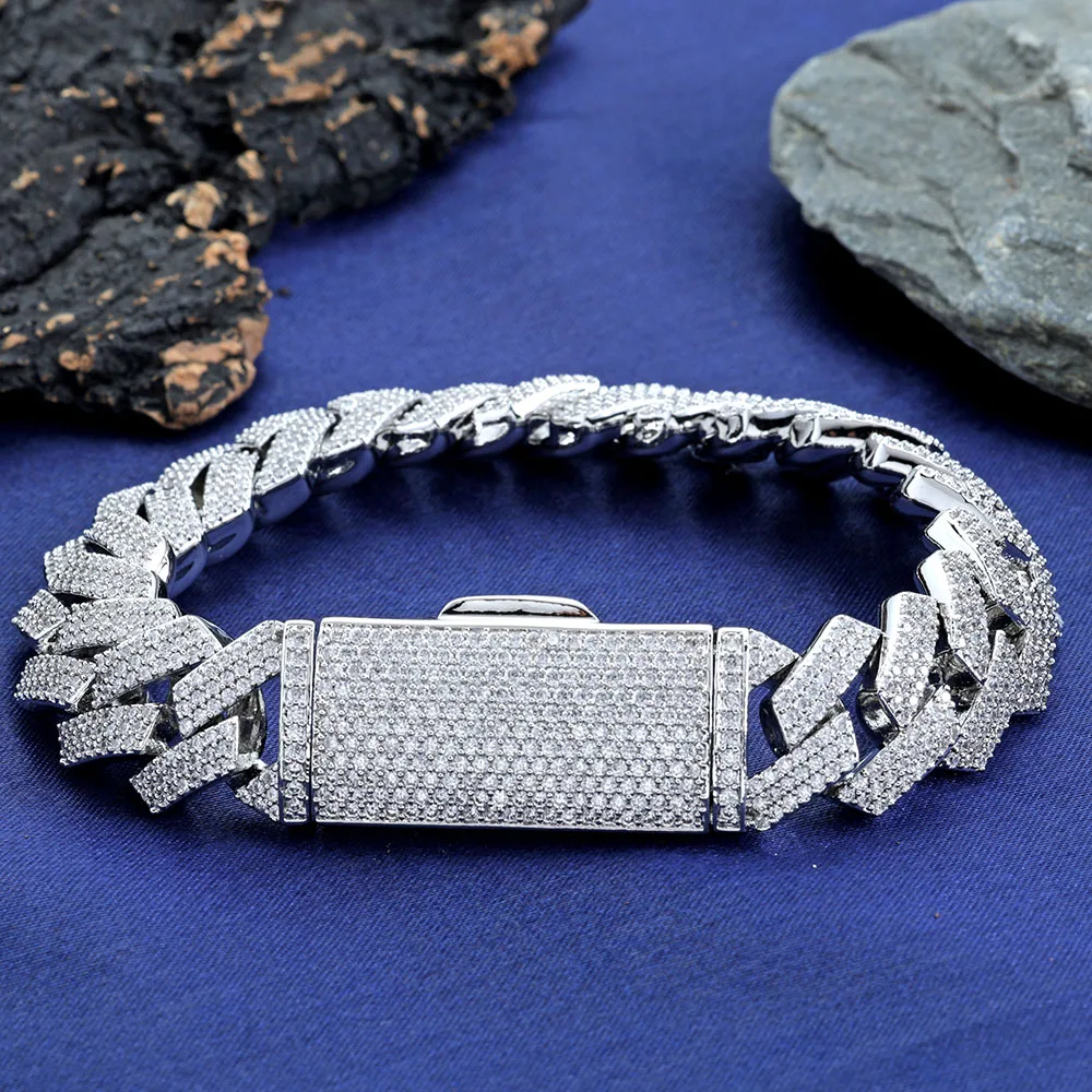 7/8inch 16MM Rhombus Cuban Chain Bracelets for Women Men Iced Out Silver Color Prong Cuban Link Chain Bracelet Wristband Jewelry