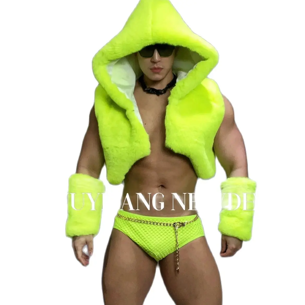 DS Fashion Performance Dress DJ Bar Night Club Men's and Women's Hip Hop Jazz Dance Fluorescent Green Faux Fur Vest Set   YJ008