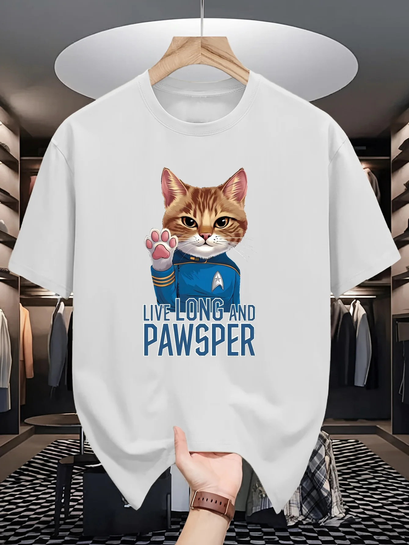 Men White Crew Neck Tee Tabby Cat In Star Trek Uniform Wave Paw Live Long And Pawsper Pun Funny Pet Sci Fi Casual Cotton Tops