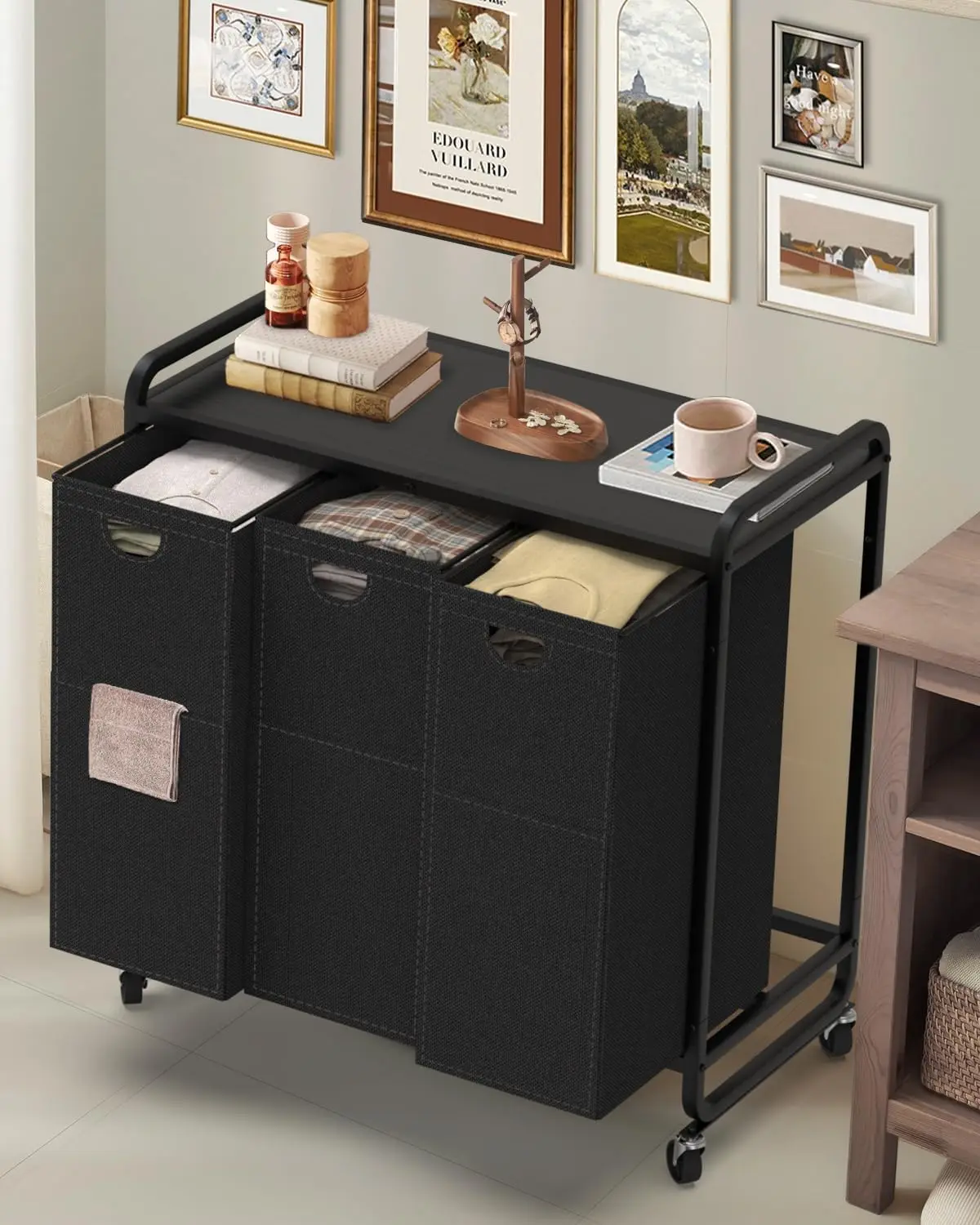 

3 Section Laundry Sorter with Wheels and Wooden Shelf, 180L Pull-Out Removable Bags for Easy Sorting and Transport