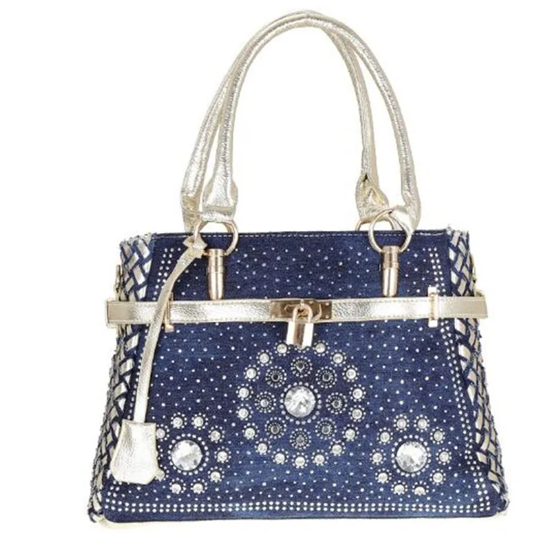 Cowboy bag with drill braided rivets Fashion womens handbag large bags patchwork jean style  crystal decoration blue bag