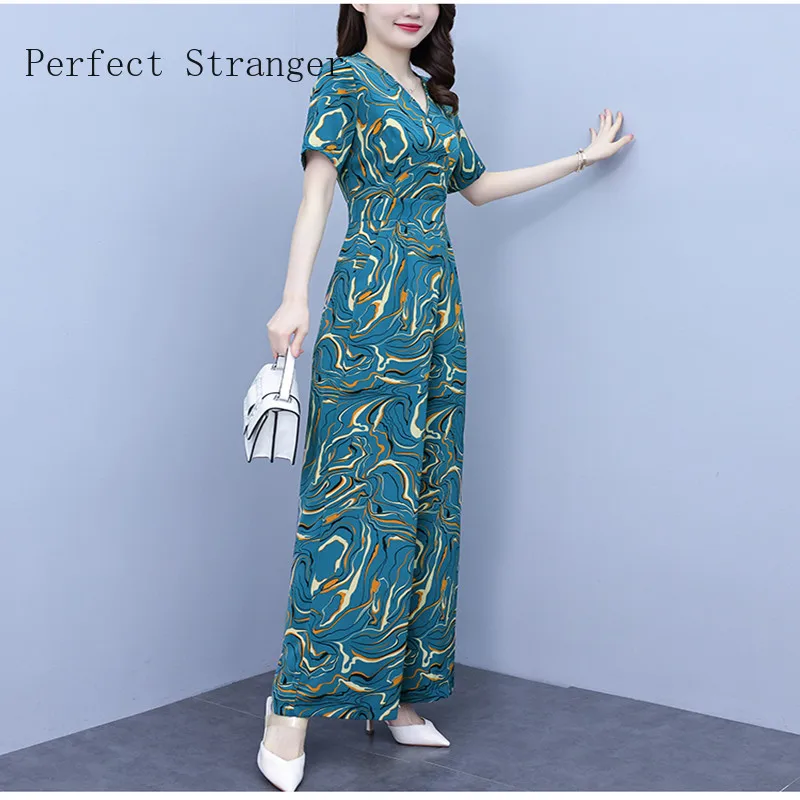 Jumpsuits Women Elegant for Party 2022  Jumpsuit Short Sleeve High Waisted  Printed V Neck Long Rompers Office Overalls