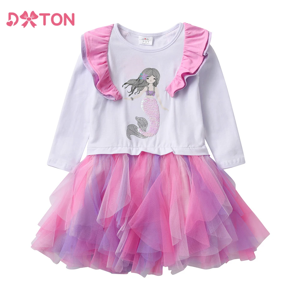 DXTON Kids Dress For Girls Ruffles Mermaid Sequin Winter Children Party Clothing Irregular Tulle Girls Princess Dresses Costumes