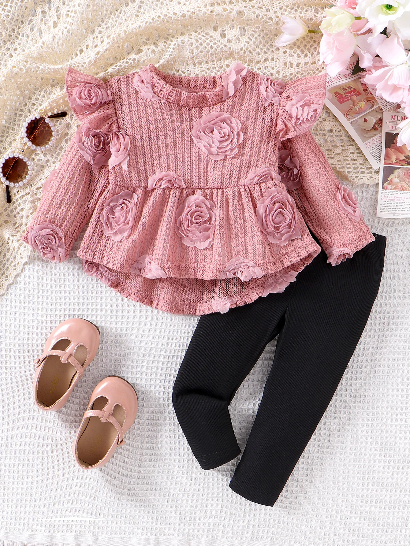 2PCS Autumn New Style For 0-3 Year Old Girls Comfortable Casual And Fashionable Pink Top + Black Pantsuit