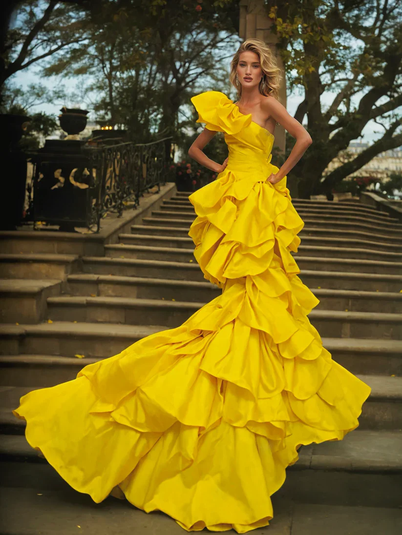 Bright Yellow One Shoulder Layered Asymmetrictal Formal Dresses With Train Elegant Hi Lo Prom Gowns Bridal Dress