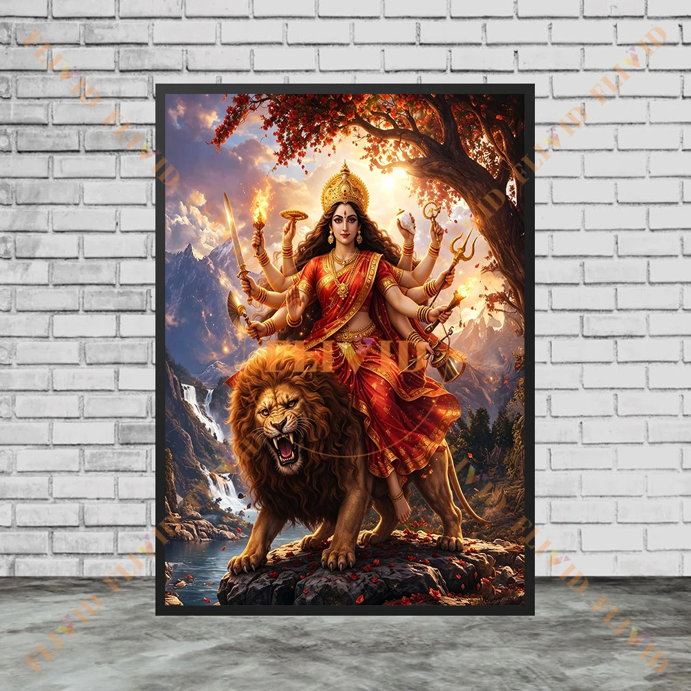 Hindu Goddess Durga Kali Canvas Wall Art Multi-Arm Goddess Riding Lion Tiger Cosmic Fire Background Indian Mythology Poster