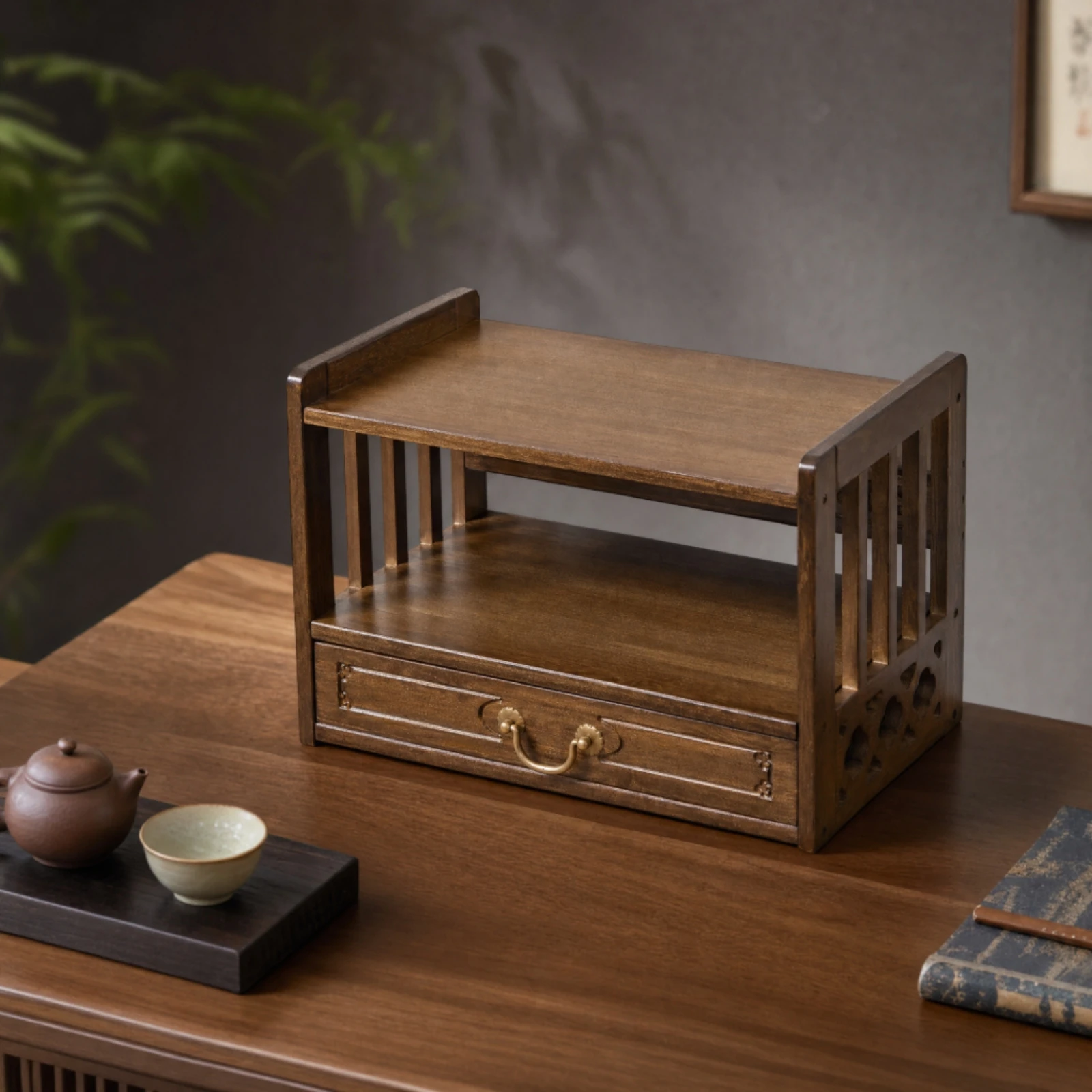 Tea Rack with Drawer Decorative Tea Organizer with Drawer Desktop Teaware Holder Elegant Storage Sturdy for Study Corner