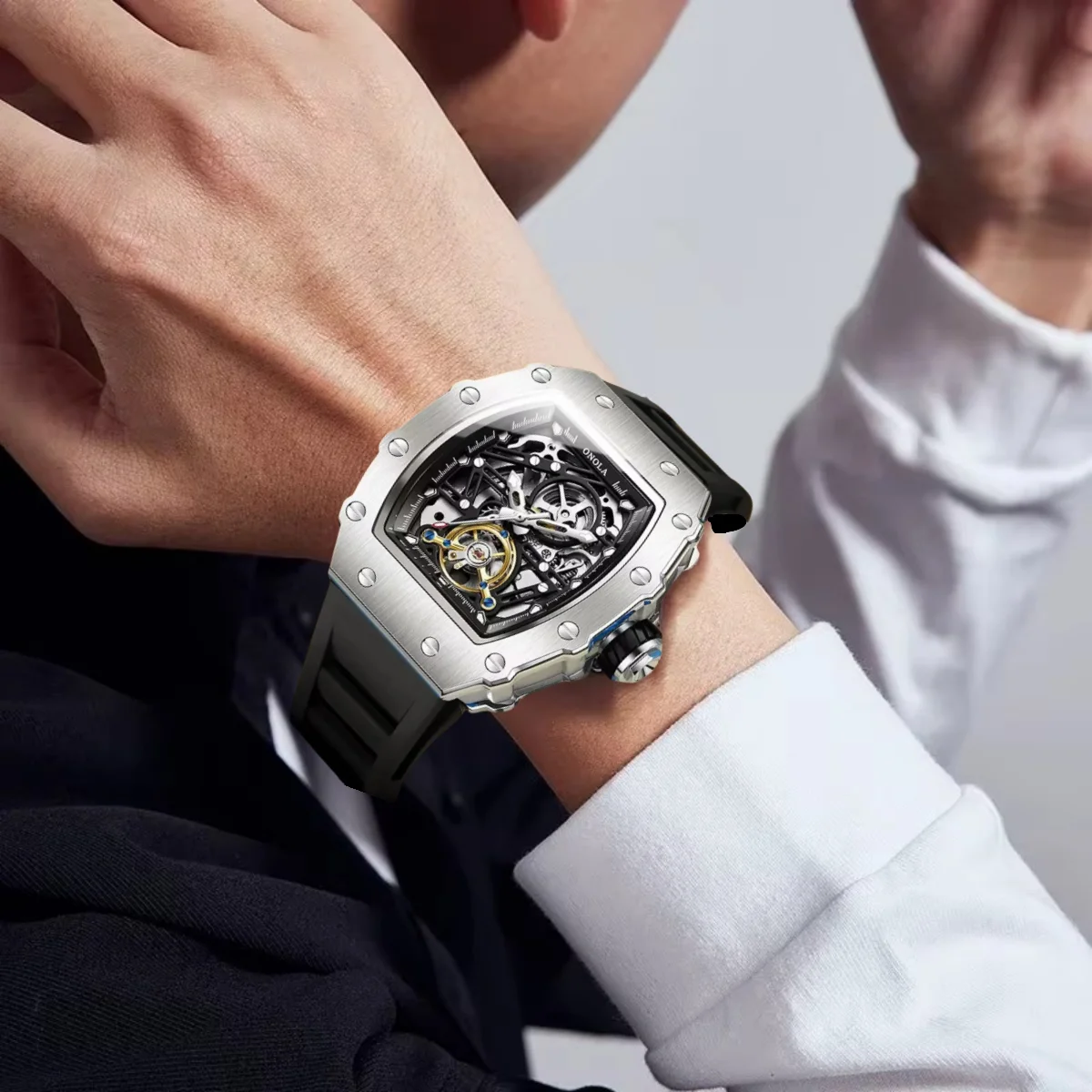 ONOLA 3854 Automatic Movement Men Watch Ourbillon Waterproof Silicone Strap Tonneau Mechanical Watches for Men Relogio Masculino