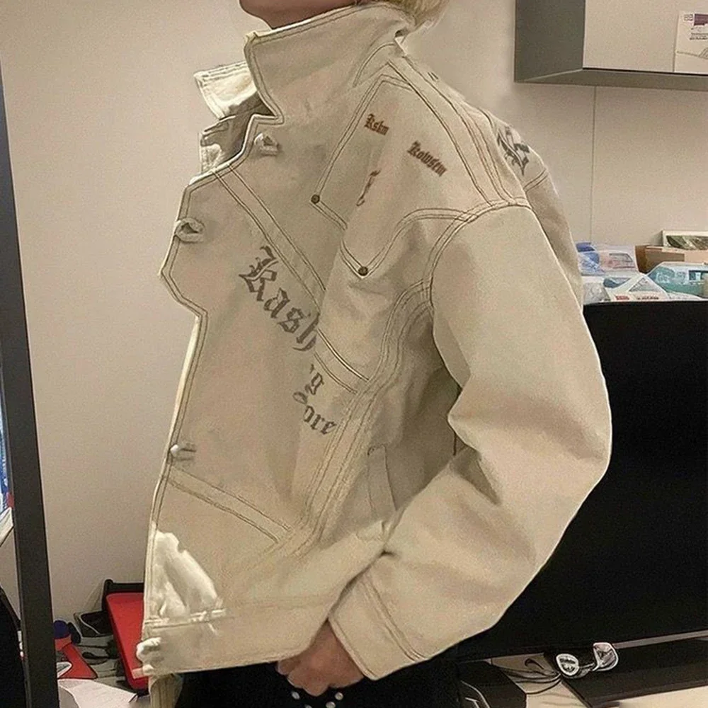 Men Denim Jacket Cheongsam Button Letter Print Bomber Jacket Streetwear Fashion Youth Campus Versatile Casual Top Men'S Clothing