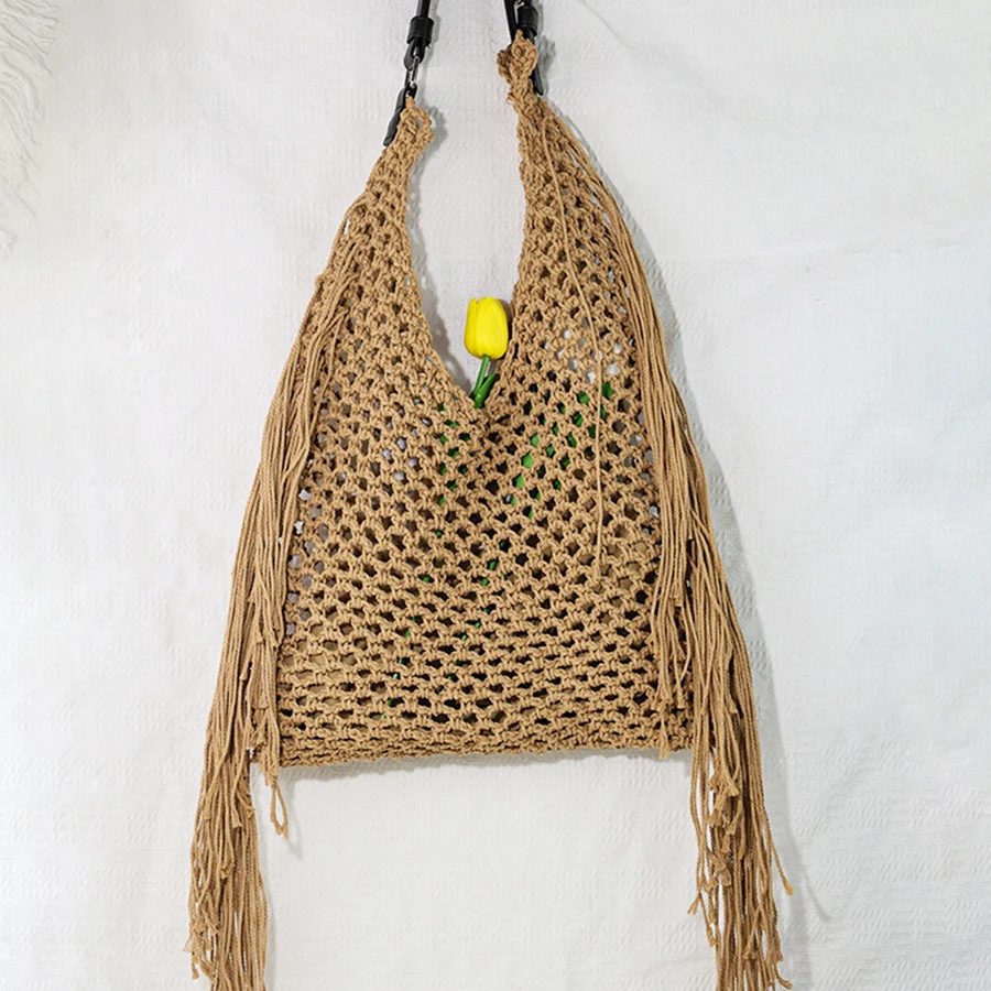 

Полая сумка ручной работы в стиле ретро, сумка с кисточками из хлопковой нити, летняя пляжная сумка с кисточками, сумка через плечо для поездок на работу, путешествий, на каждый день