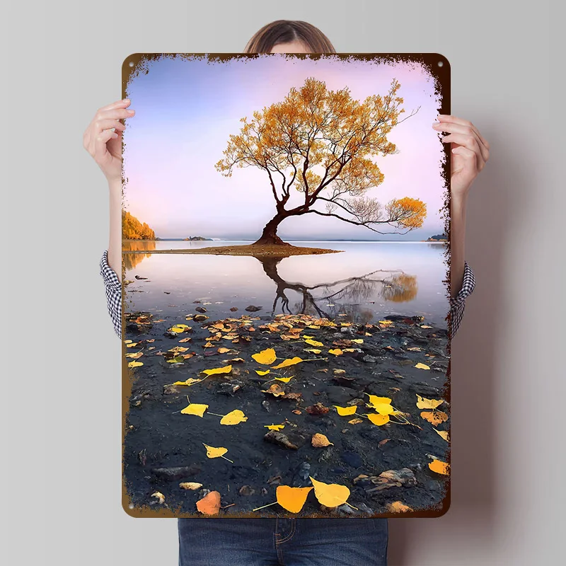 Lone Tree in Autumn Landscape Tinplate Poster Customized Wall Art Vintage Metal Signs Retro Plates for Decoration Room Home Deco