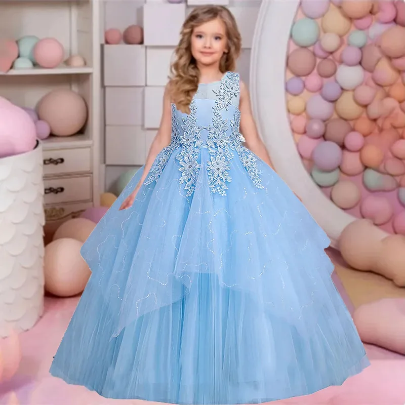 Sky01 لامعة طفل صغير كبير الفتيات الدانتيل زين زهرة فتاة حفلة عيد ميلاد فستان رسمي طويل فستان المسابقة AC1080Sd01$