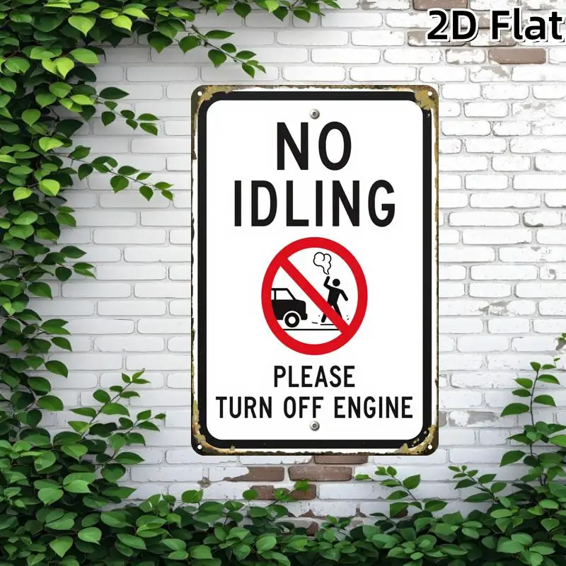 2D Metal Sign, No Idling Shut Off Engine, Garage Art Tin Plate, Premium Print, 8x12 Inch, Home Wall Decor for Room Man Cave