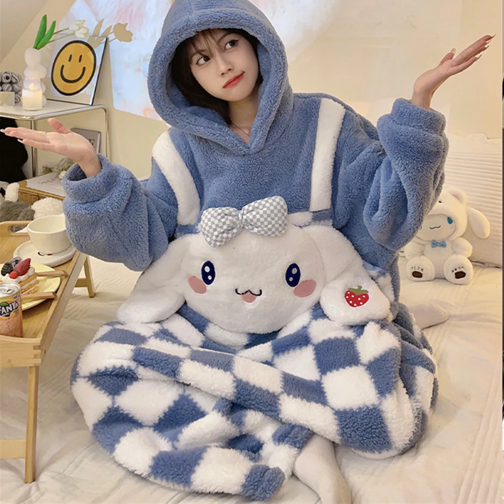

Kawaii Cinnamoroll Women Jumpsuit Pajamas Sanrio Anime Hello Kitty Flannel Thickened Hooded Nightwear Girls Cute Winter Homewear