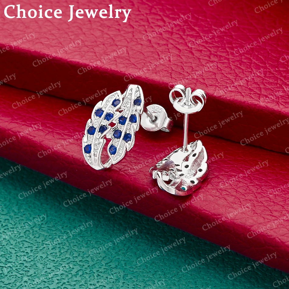 

Серьги-гвоздики из стерлингового серебра 925 пробы с синим цирконием и перьями для женщин, модные ювелирные изделия, очаровательные свадебные аксессуары