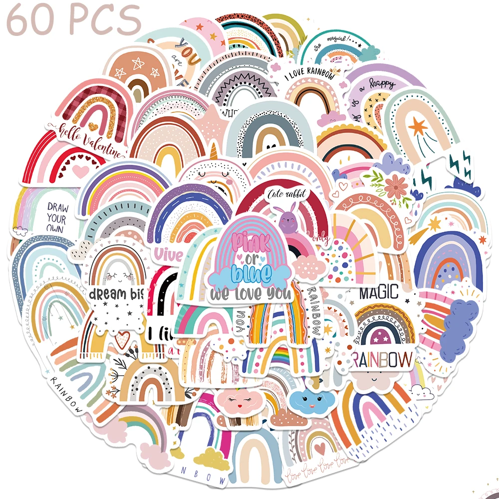 60pcs Cartoon Graffiti Rainbow Stickers Aesthetic Decals For Phone Suitcase Skateboard Guitar Waterproof Stickers Children Gifts