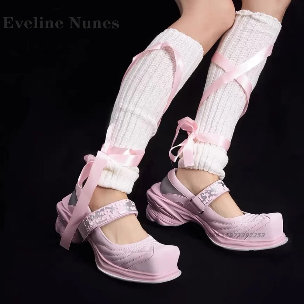 Hook and Loop Shallow Pumps Square Toe Height Increasing Mixed Colors Sewing Mary Janes Casual Ballet Shoes Woman 2024 Trend