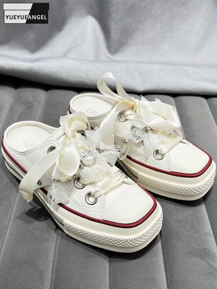Women Summer High Street Comfortable Bowknot Genuine Leather Thick Platform Fashion Close Toe Slides Casual Slip On Wedges Shoes
