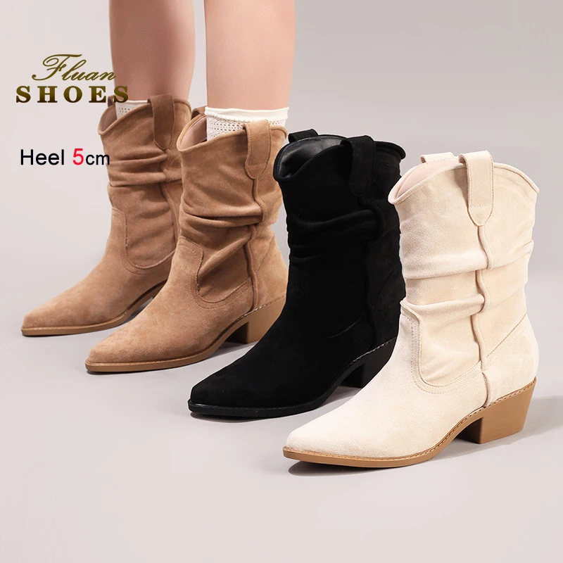 

Широкие повседневные женские ботильоны, модные замшевые ботинки на блочном каблуке 5 см, женская обувь в западном стиле, классические плиссированные короткие ботинки с острым носком
