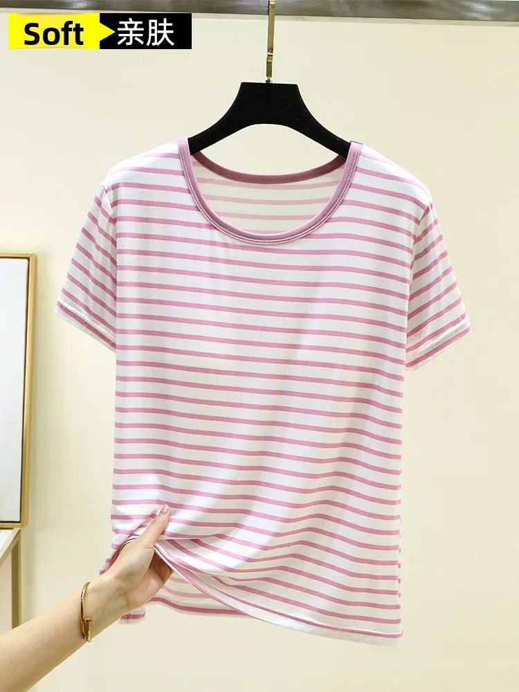 Modal Cotton Short Sleeve T-Shirt Summer Thin round Neck Striped Base Shirt Ladies Cup Integrated Loose Top Casual Style