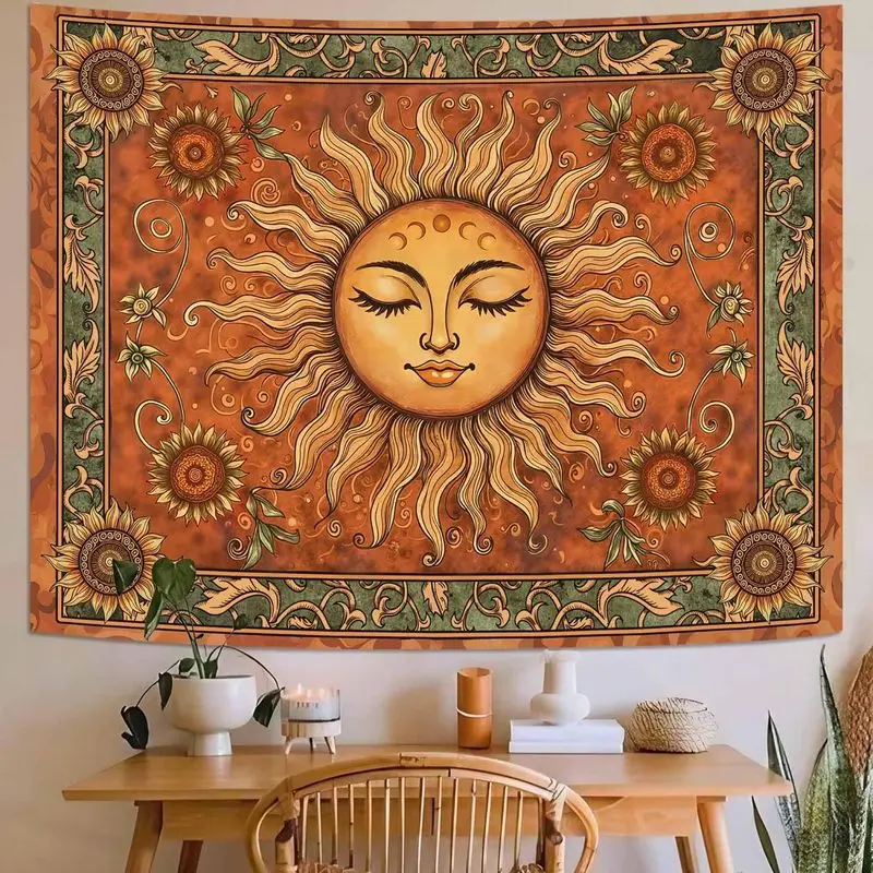 VIKAMA Retro Sun Face Tapestry Orange Terracotta Sunflower Boho Wall Hanging Vintage Mystical Wall Decor Living Room Bedroom
