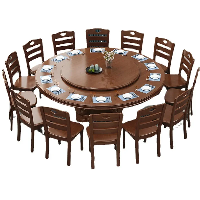 

Solid wood, large round table, dining table and chairs, combination, modern, simple, with turntable