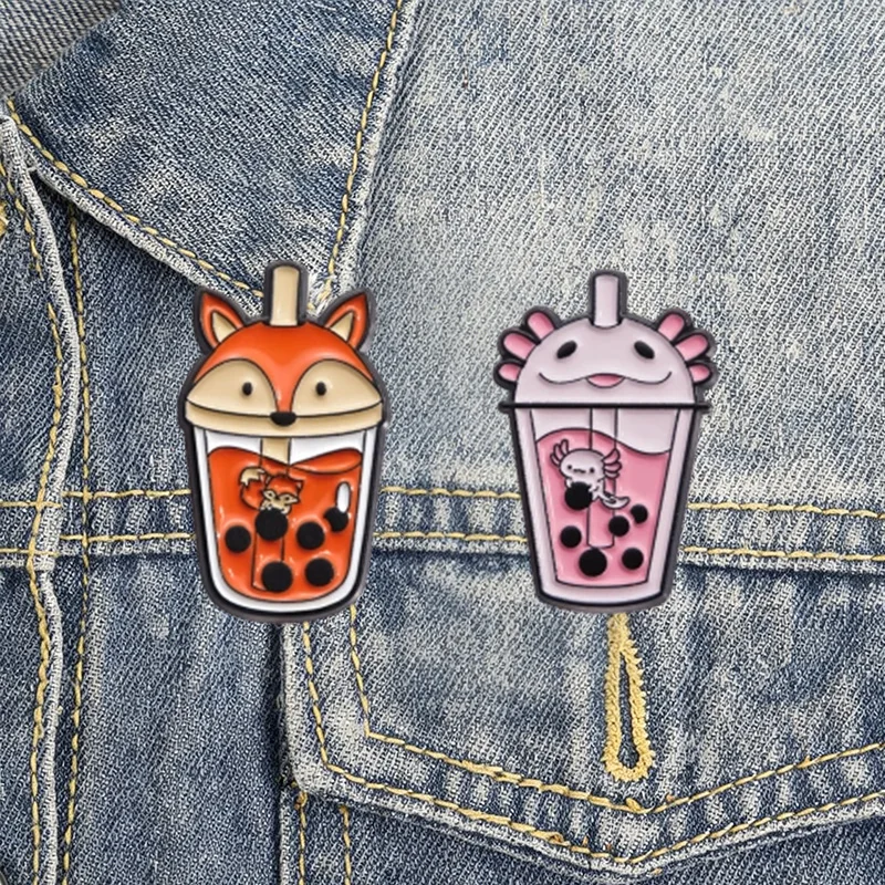 Niedliche Bubble-Tea-Tier-Emaille-Anstecker, Kawaii-Cartoon-Getränkebecher-Pins, wilde Haustier-Charakter-Broschen, Reversnadel-Set, Geschenk für Freunde – Detail 5
