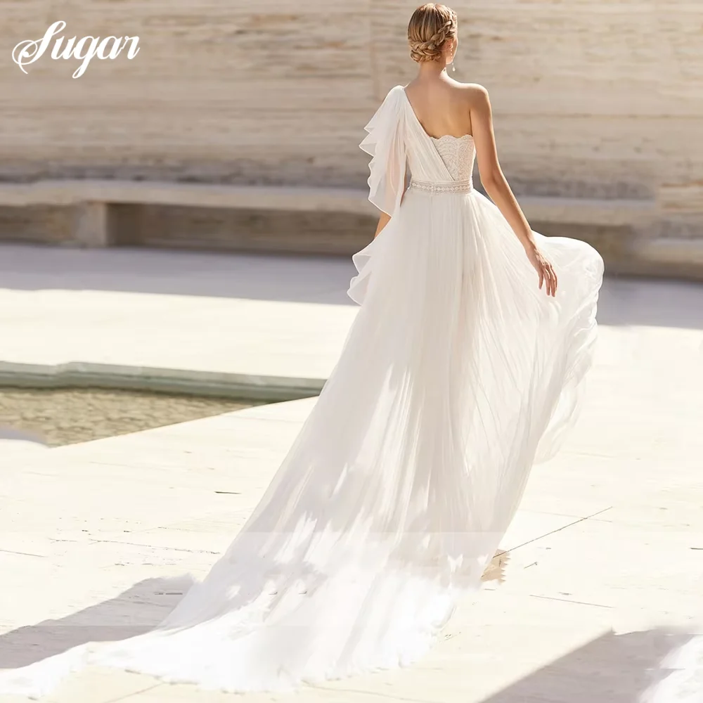 Elegant One Shoulder Wedding Dress A-Line Chiffon Lace Irregular Floor Length Bride Side Slit Customized Summer Bohemia Gown