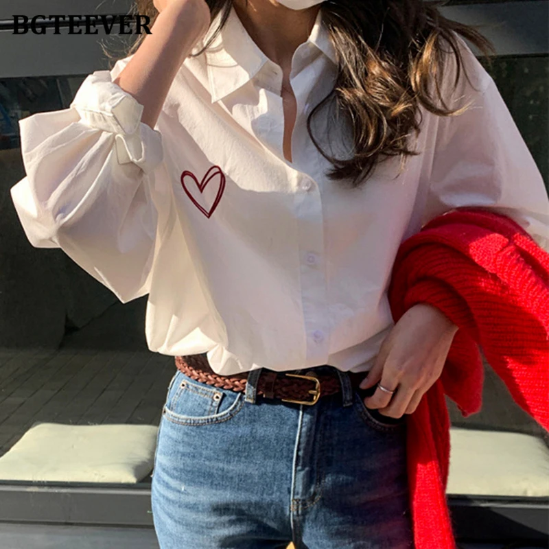 BGTEEVER Fashion Lapel Heart Embroidery Printed White Shirts for Women Full Sleeve Single-breasted Ladies Blouses Autumn