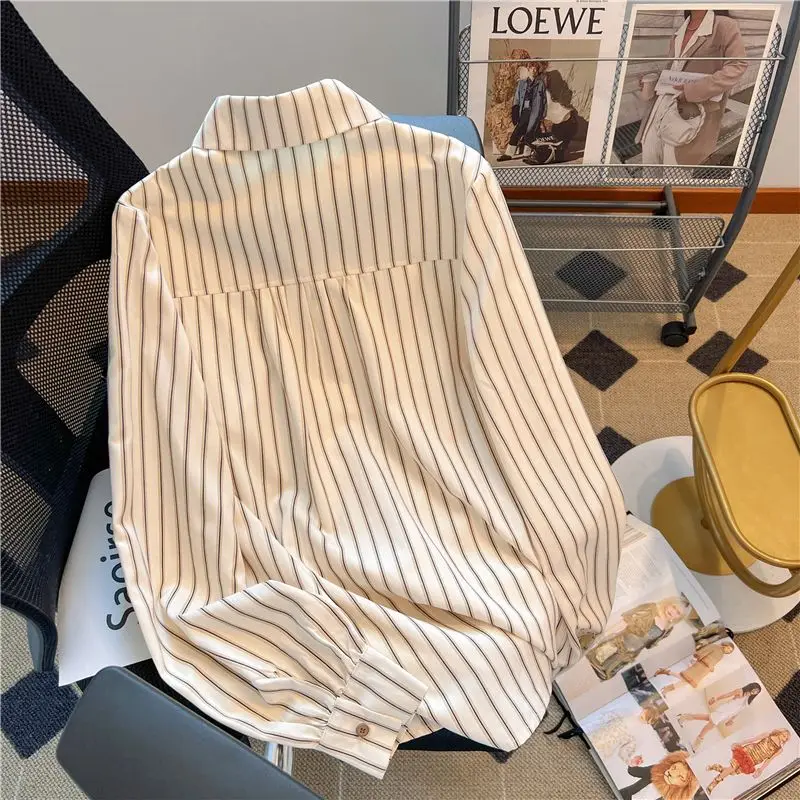 Female Casual Striped Turn-down Collar Long Sleeve Buttons Blouse Autumn Preppy Style Loose Shirts Women Clothing All-match Tops