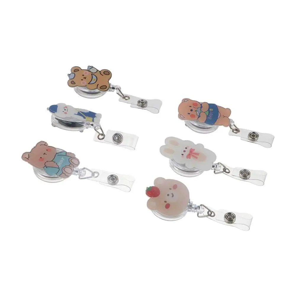 Cute Bear Retractable Badge Reel Work Card Clip Name Tag ID Card Clips Cartoon Name Card Easy Pull Buckle Office School Supplies